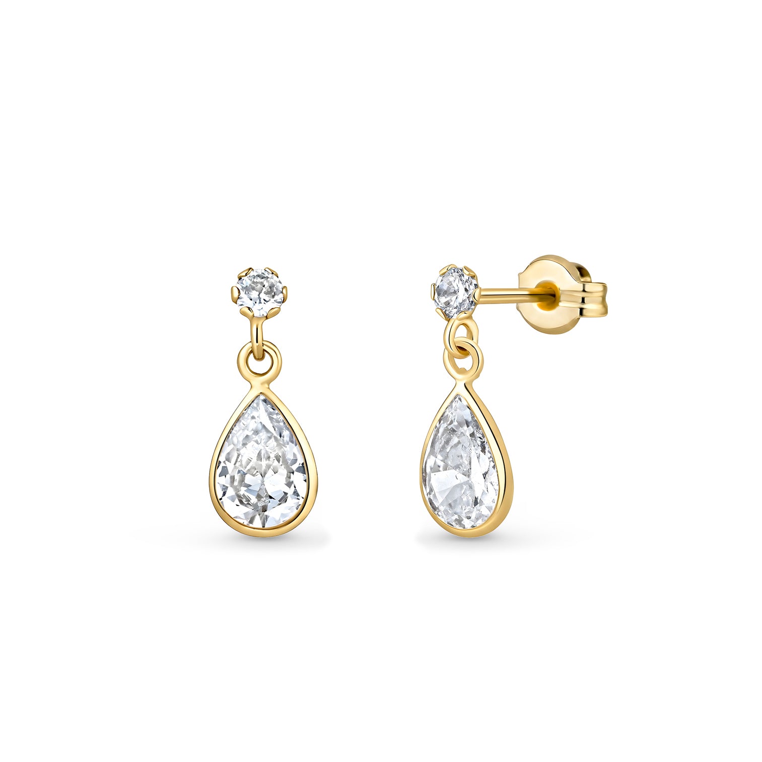 Cercei din aur 9K cu picătură de zircon transparent de 5,5×14 mm, design elegant și delicat, cu sistem de închidere cu șurub plat – Maison La Stéphanie