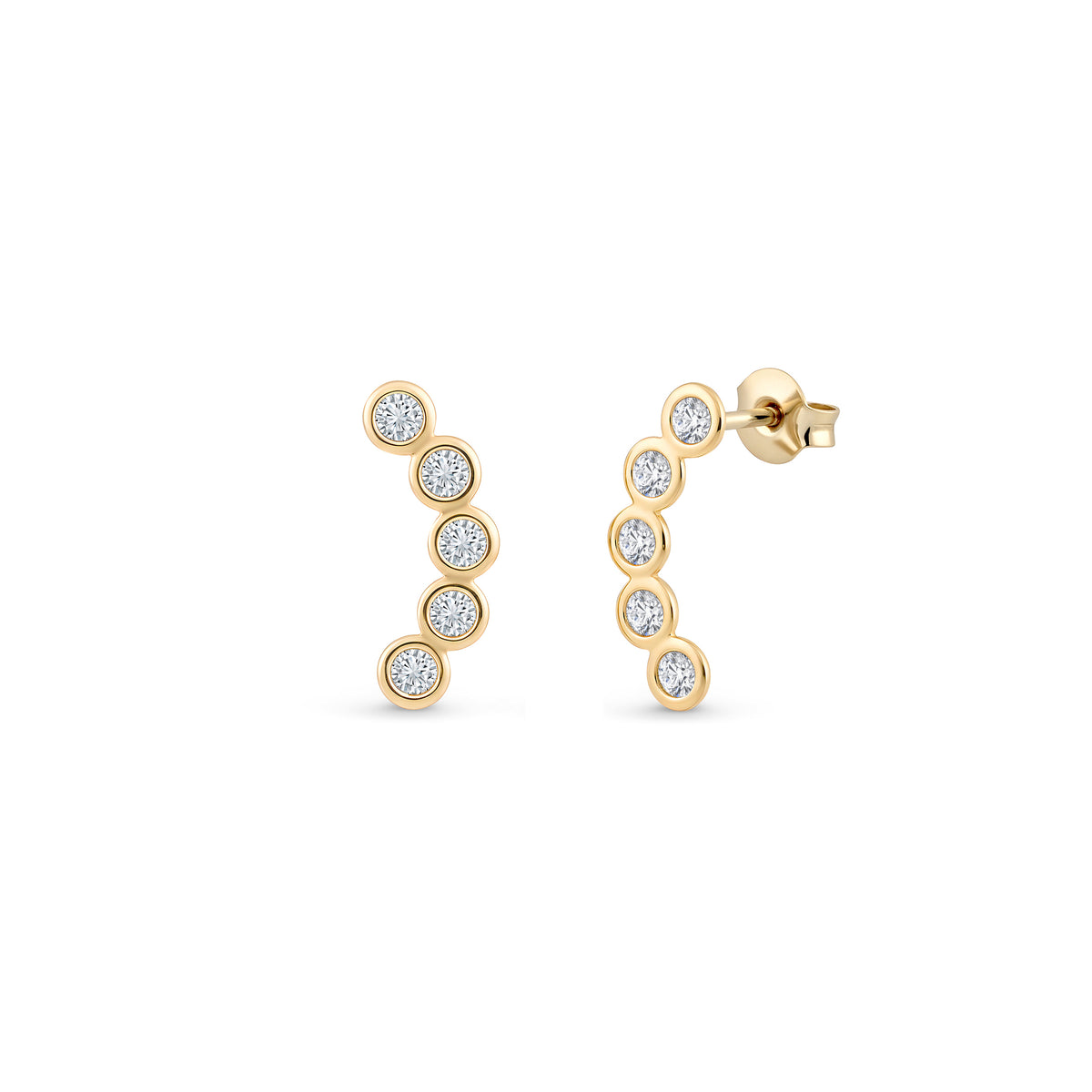Cercei din aur 9K cu cinci zirconii transparente aranjate într-o curbă elegantă, design rafinat și sistem de închidere cu șurub plat – Maison La Stéphanie.