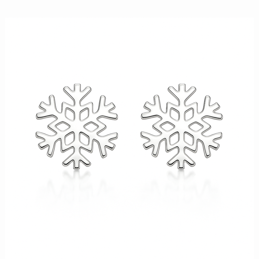 Pereche de cercei din argint 925 placat cu rodiu, în formă de fulg de nea decupat, cu finisaj lucios și aspect delicat.