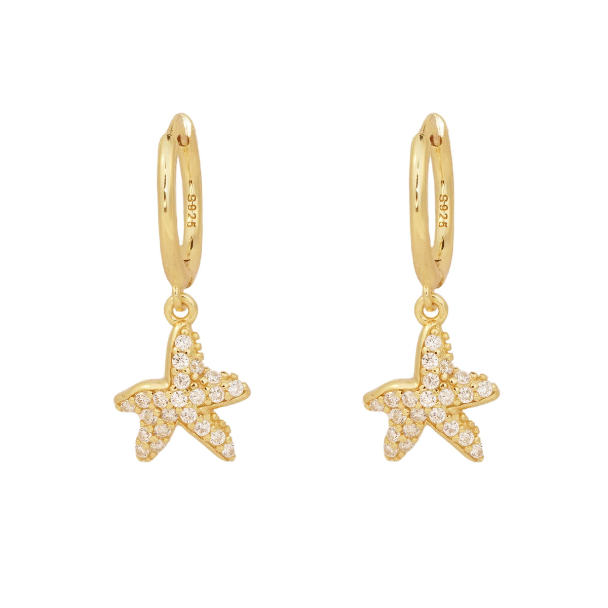Cercei din argint placat cu aur 18K, cu stea de mare și zirconiu — bijuterie elegantă pentru vară, vacanțe și cadouri feminine. Ocean vibes by Maison La Stéphanie.