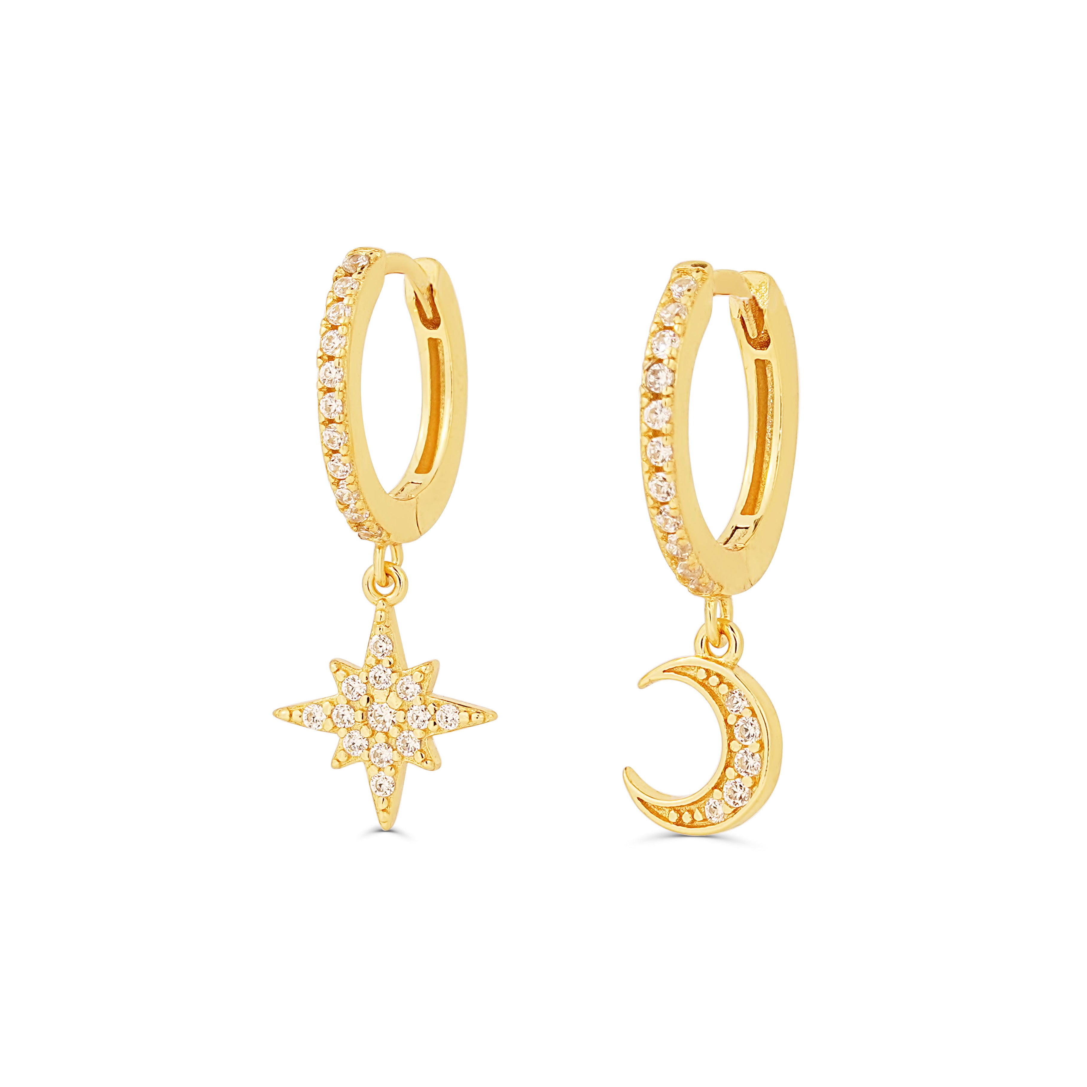 Bijuterie elegantă din argint 925 placat cu aur 18K, cerceii Celestial Duo sunt un cadou ideal pentru femeile care iubesc rafinamentul și simbolurile cosmice. Maison La Stéphanie.