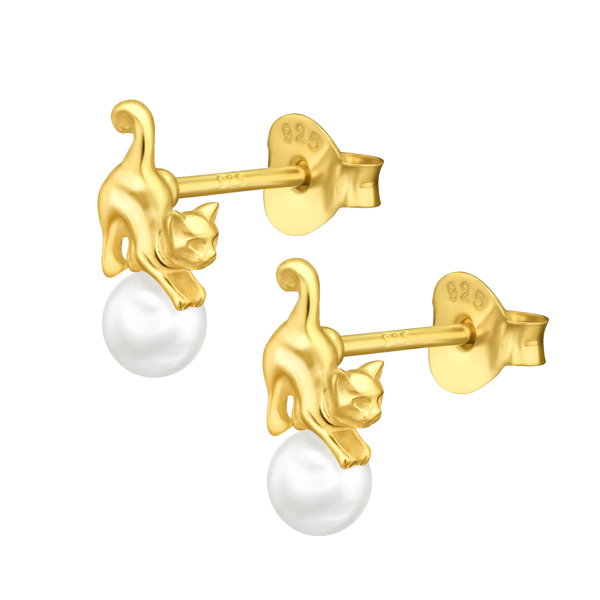 Cercei eleganți cu pisicuțe și perle, din argint 925 placat cu aur 24K — bijuterie feminină și jucăușă Maison La Stéphanie, ideală pentru cadou.