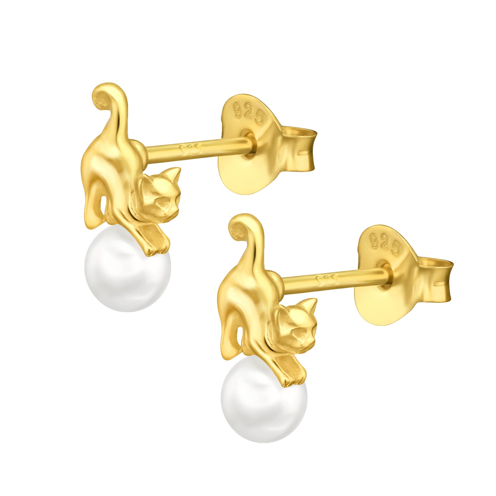 Cercei eleganți cu pisicuțe și perle, din argint 925 placat cu aur 24K — bijuterie feminină și jucăușă Maison La Stéphanie, ideală pentru cadou.