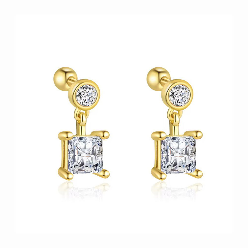 Set de cercei din argint placat cu aur 18K, cu zirconiu rotund în partea superioară și zirconiu pătrat suspendat, lungime 1.4 cm.