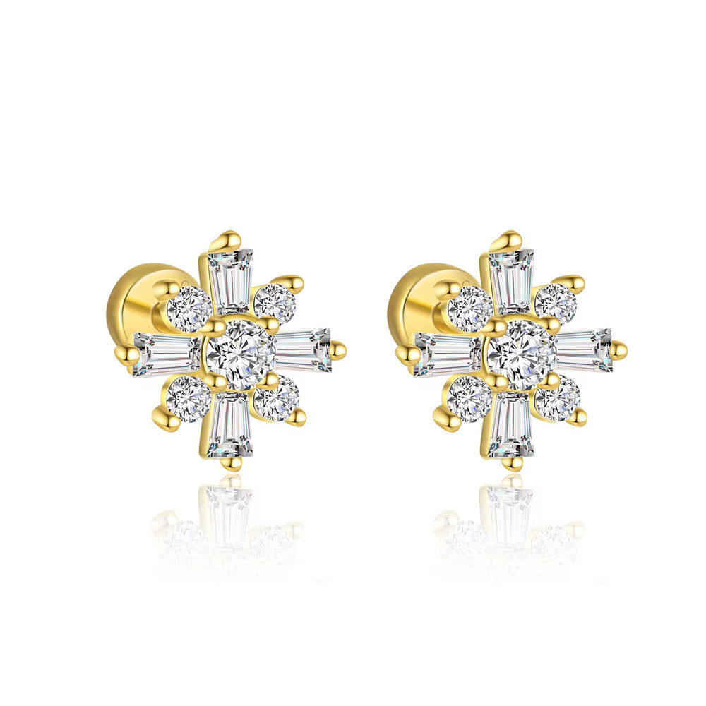 Cercei fini din argint placat cu aur 18K, model fulg de nea cu zirconii baguette – Snowflake Luxe Edition, Maison La Stéphanie.