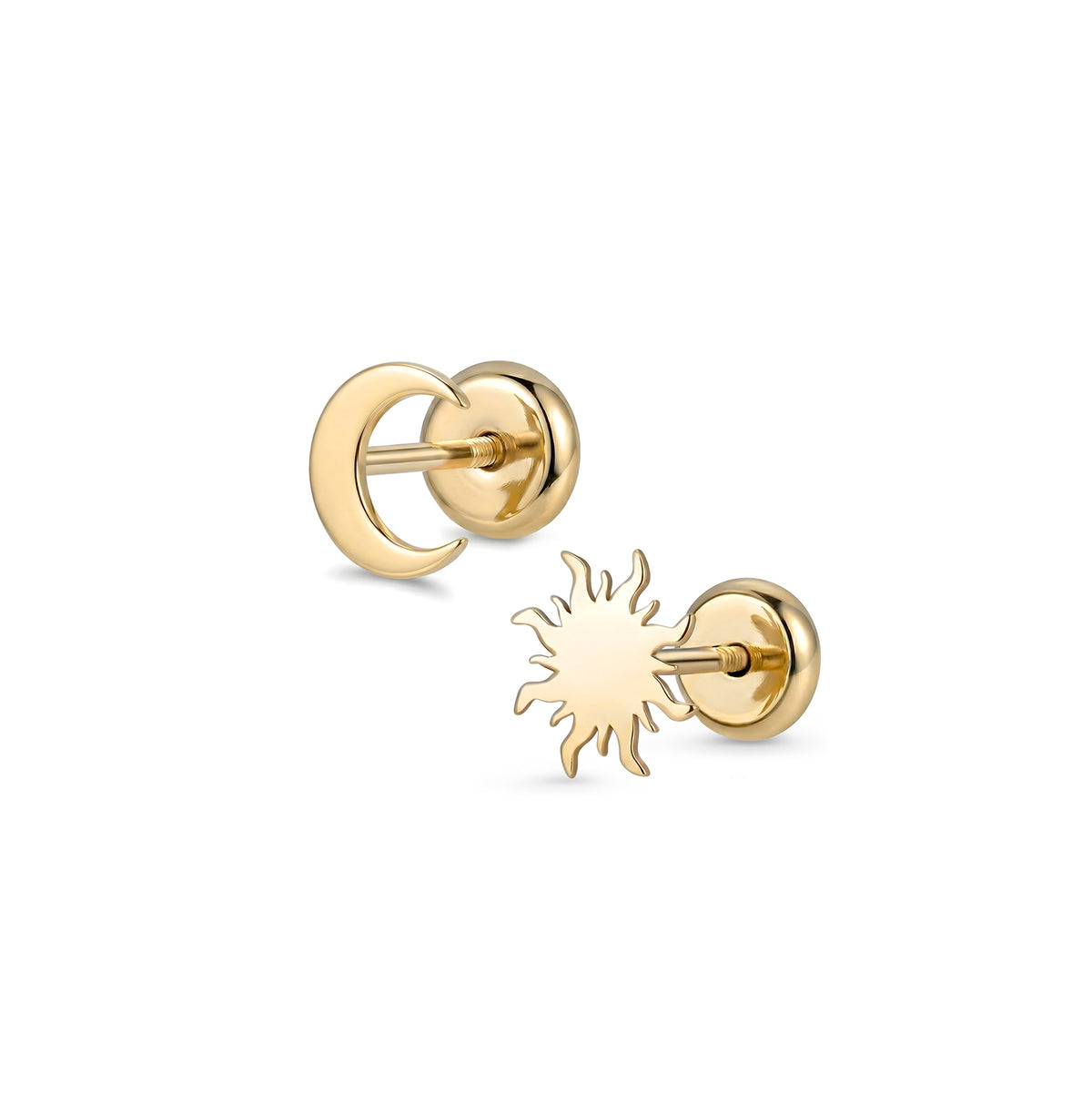 Cercei din aur 9K asimetrici, cu soare și lună de 6,5 mm, design simbolic și delicat, cu închidere cu șurub plat – Maison La Stéphanie