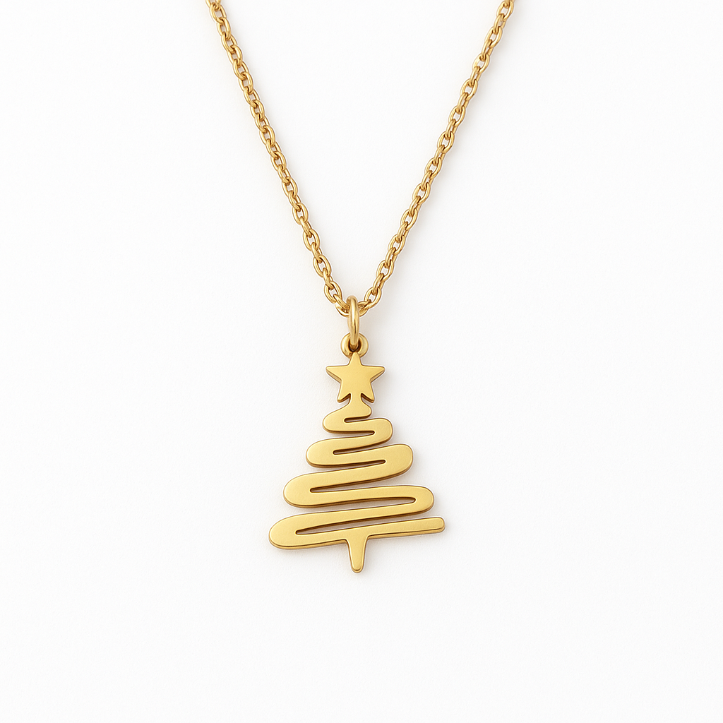 Colier din argint placat cu aur 18K, lanț fin 1 mm, 40+5 cm, cu pandantiv brăduț stilizat și steluță.