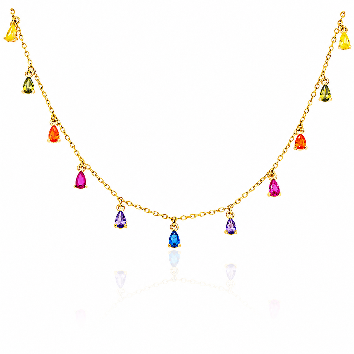 Colier din argint 925 placat cu aur 18K, cu zirconii multicolore tip lacrimă. Model elegant și feminin cu aspect vibrant și sofisticat marca Maison la Stephanie