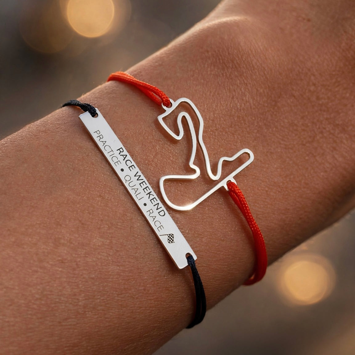Formula 1 inspired Grand Prix circuit bracelet and Race Weekend bracelet by MAISON Stéphanie, personalized motorsport jewelry for F1 and racing fans.