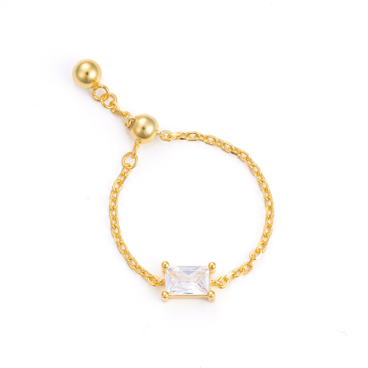  inel ajustabil cu lant argint placat cu aur si piatra zirconia dreptunghiulara