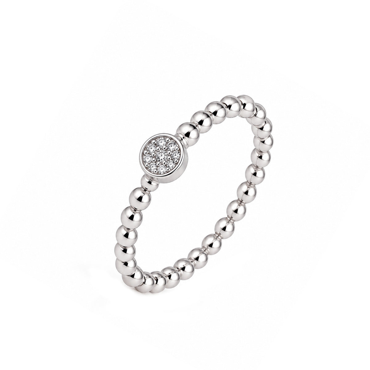 Inel Celeste Beads Argint 925 cu banda formata din bilute argintii lucioase si element circular decorat cu pietre albe - MAISON Stéphanie