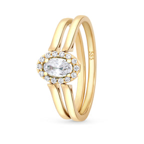 Inel din aur de 14K cu design reversibil, piatră verde intens și cristal clar. Bijuterie deosebită, cadoul perfect pentru femei elegante.