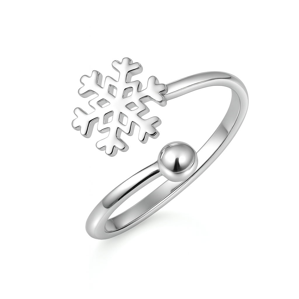 Inel din argint 925 placat cu rodiu, cu un fulg de nea stilizat, finisaj lucios și design reglabil, prezentat pe fundal alb.
