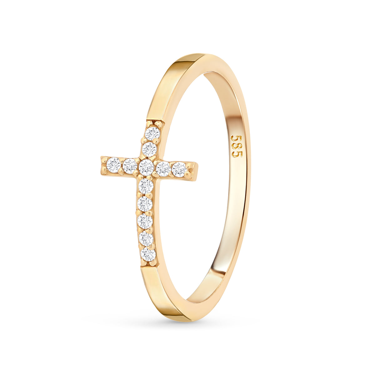 inel aur 14k cu cruce si pietre zirconiu cadou simbolic pentru femei