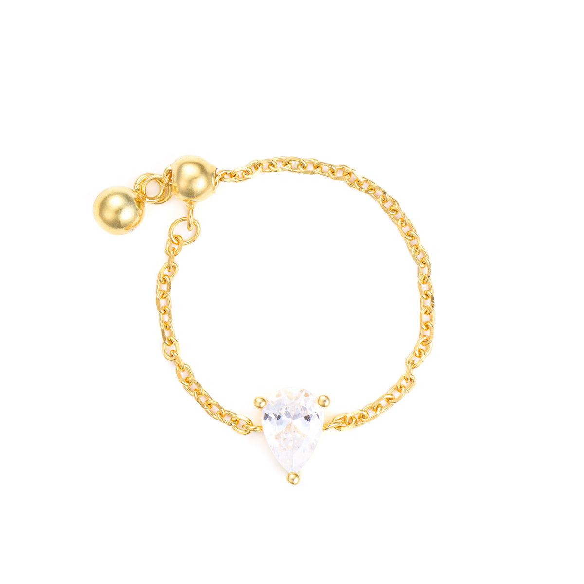 inel ajustabil cu lant argint placat cu aur si piatra zirconia lacrima