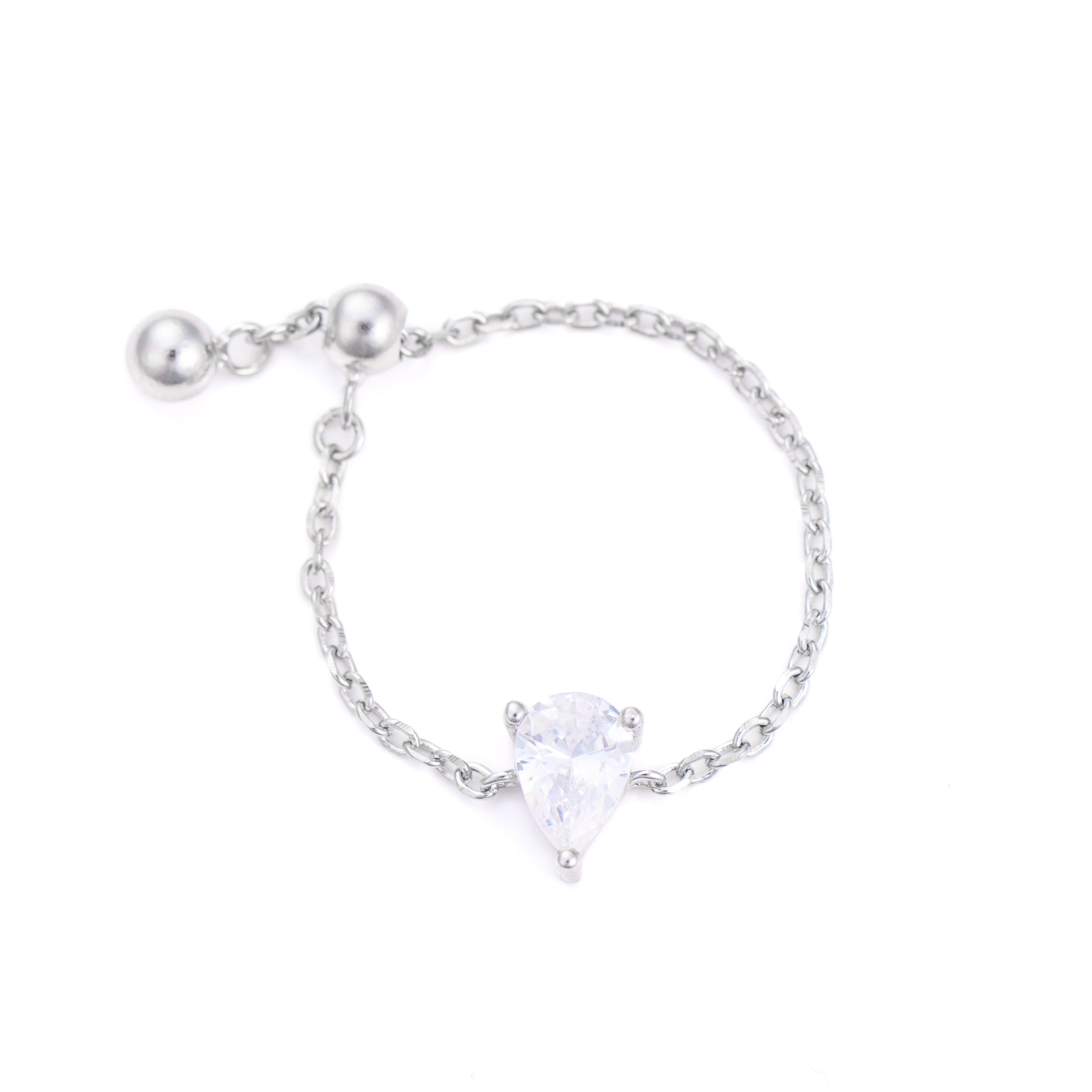 Inel elegant din argint 925 placat cu rodiu, cu piatră zirconia de 4 mm și design reglabil tip lanț – bijuterie Maison La Stéphanie inspirată de puritatea unei picături de apă.