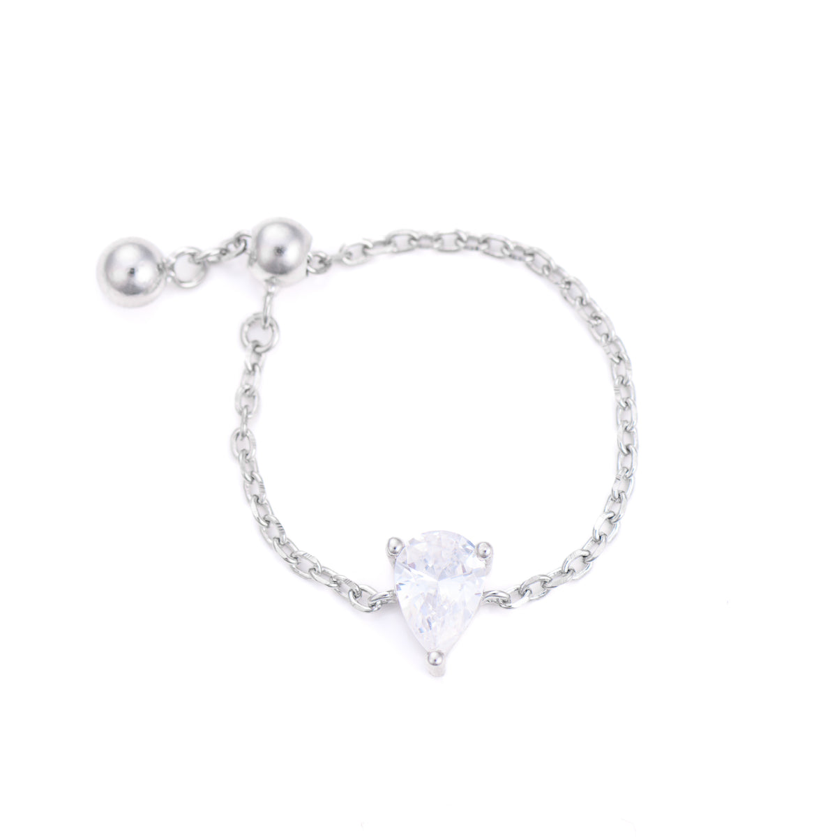 Inel elegant din argint 925 placat cu rodiu, cu piatră zirconia de 4 mm și design reglabil tip lanț – bijuterie Maison La Stéphanie inspirată de puritatea unei picături de apă.