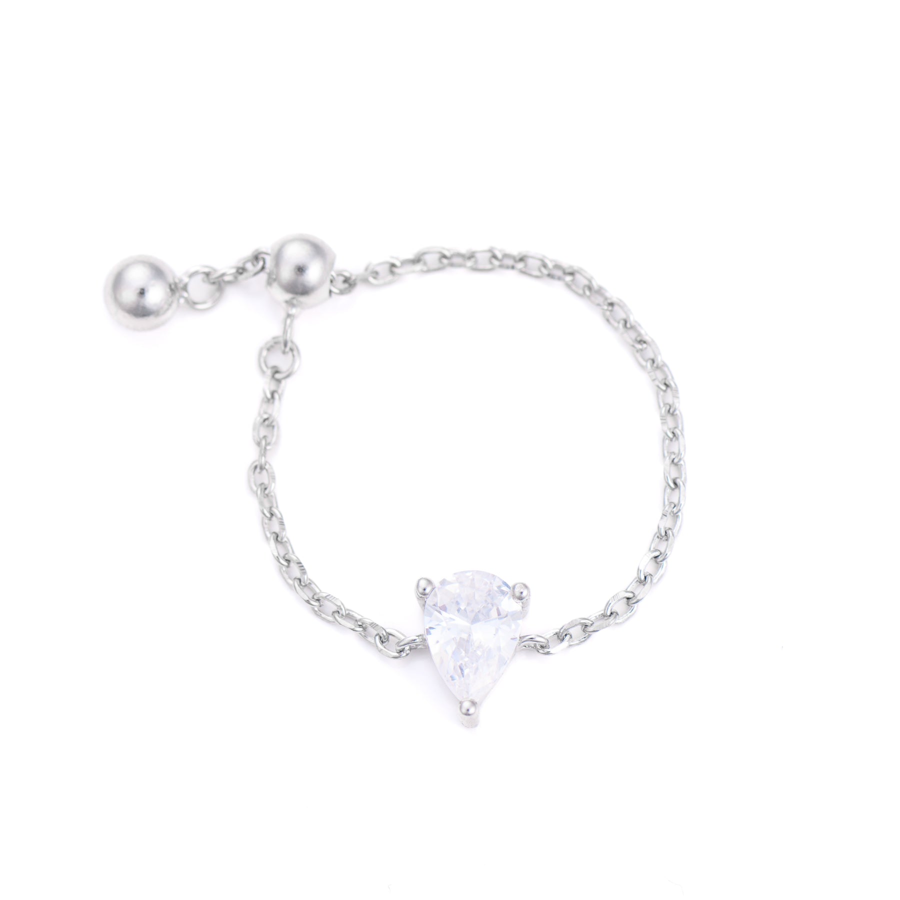 Inel elegant din argint 925 placat cu rodiu, cu piatră zirconia de 4 mm și design reglabil tip lanț – bijuterie Maison La Stéphanie inspirată de puritatea unei picături de apă.