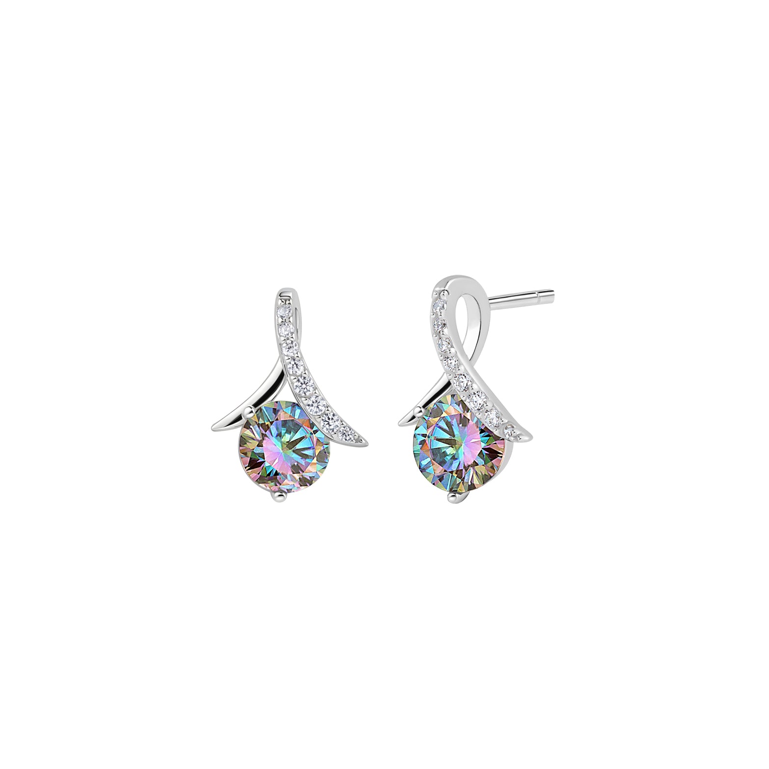 Cercei din argint placat cu rodiu, cu moissanit iridescent de 0,5 ct și design modern prismatic. Bijuterii ușoare, expresive și elegante.