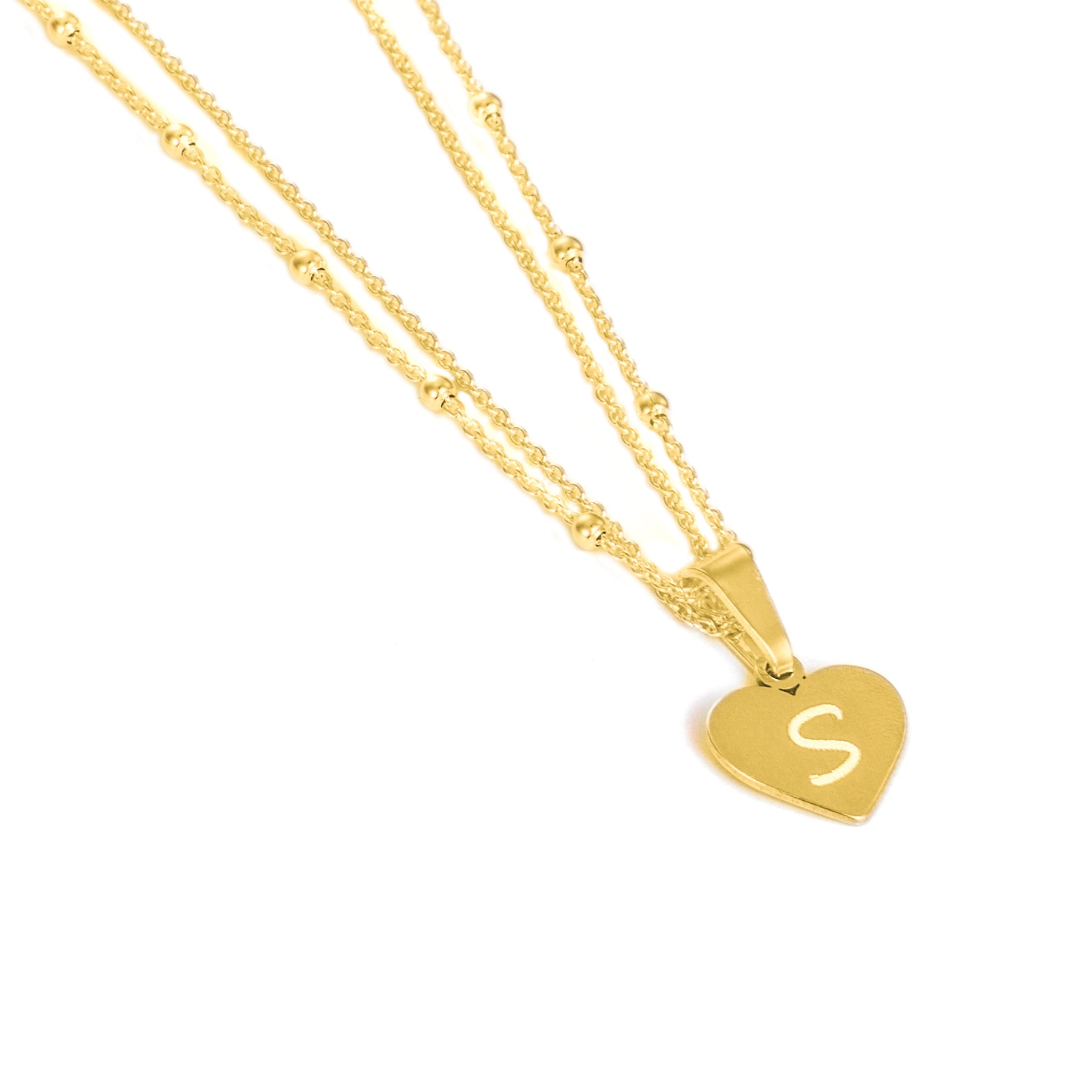 Double Chain Initial Necklace with Heart Pandant, gold plated sterling silver