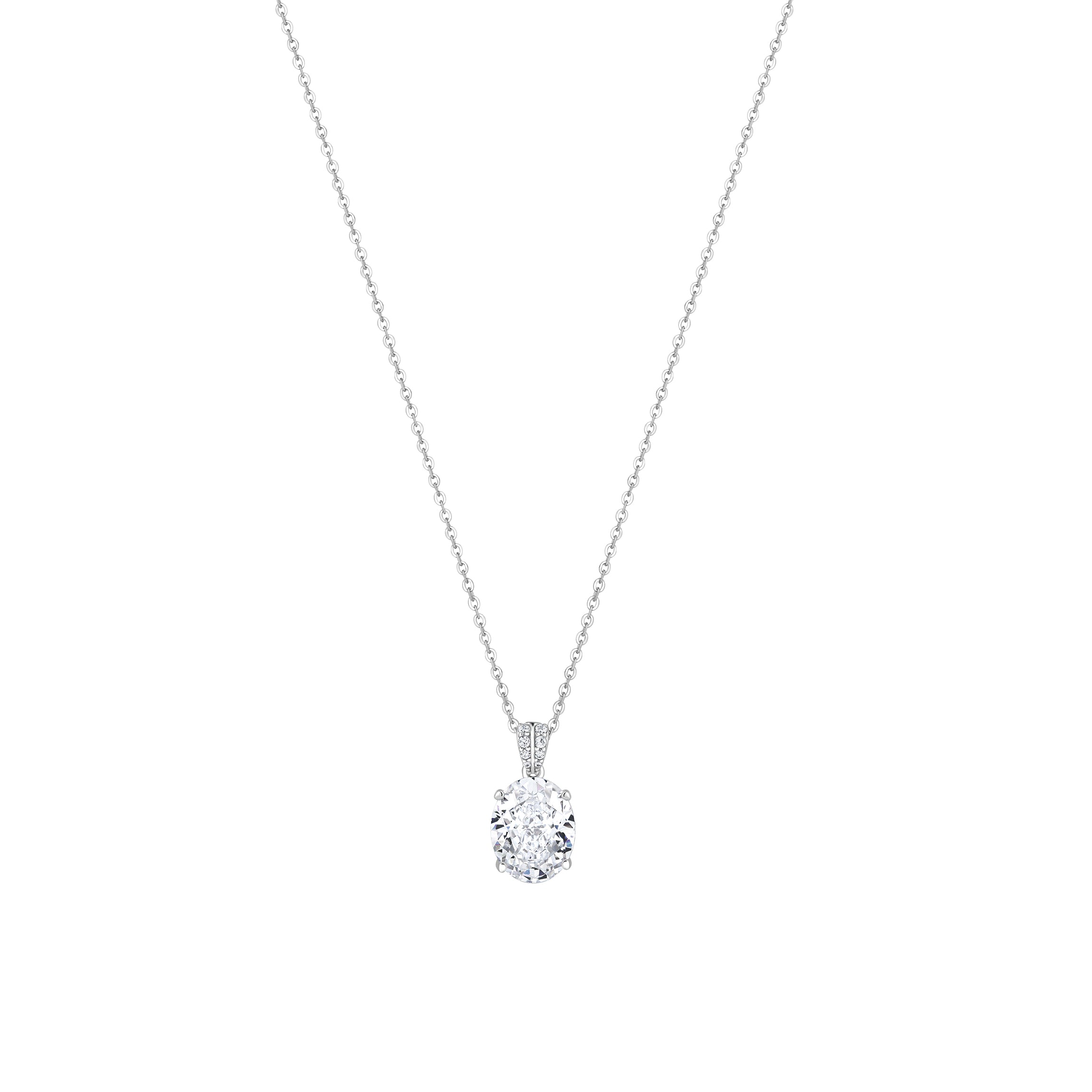 Colier din argint 925 placat cu rodiu, cu moissanit white de 1 ct și tăietură ovală. Bijuterie elegantă, modernă și versatilă.