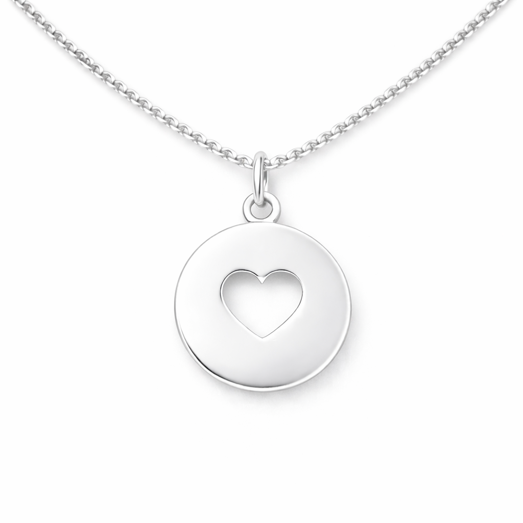 lantisor argint 925 cu medalion rotund 15 mm cu inimioara decupata