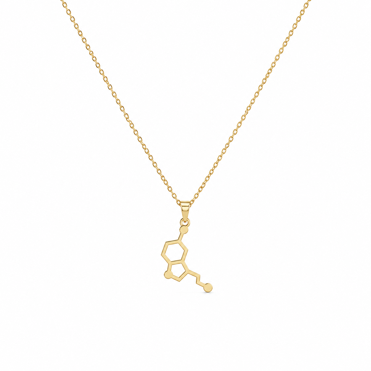 Lănțișor Serotonină – Molecula Fericirii din Aur 14K. Pandantiv inspirat de molecula serotoninei, realizat din aur autentic 14K.