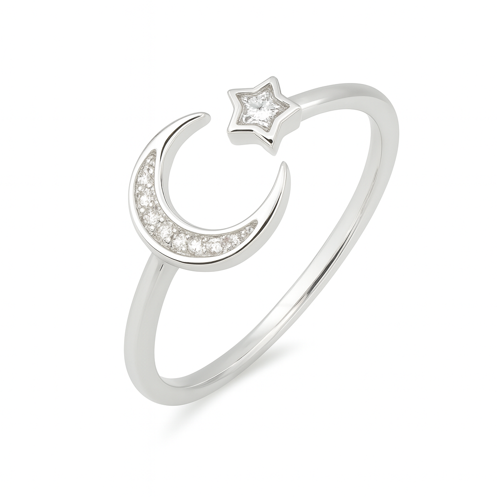 Inel delicat din argint 925, cu o lună decorată cu pietre strălucitoare și o stea mică, simbolizând cerul nopții.