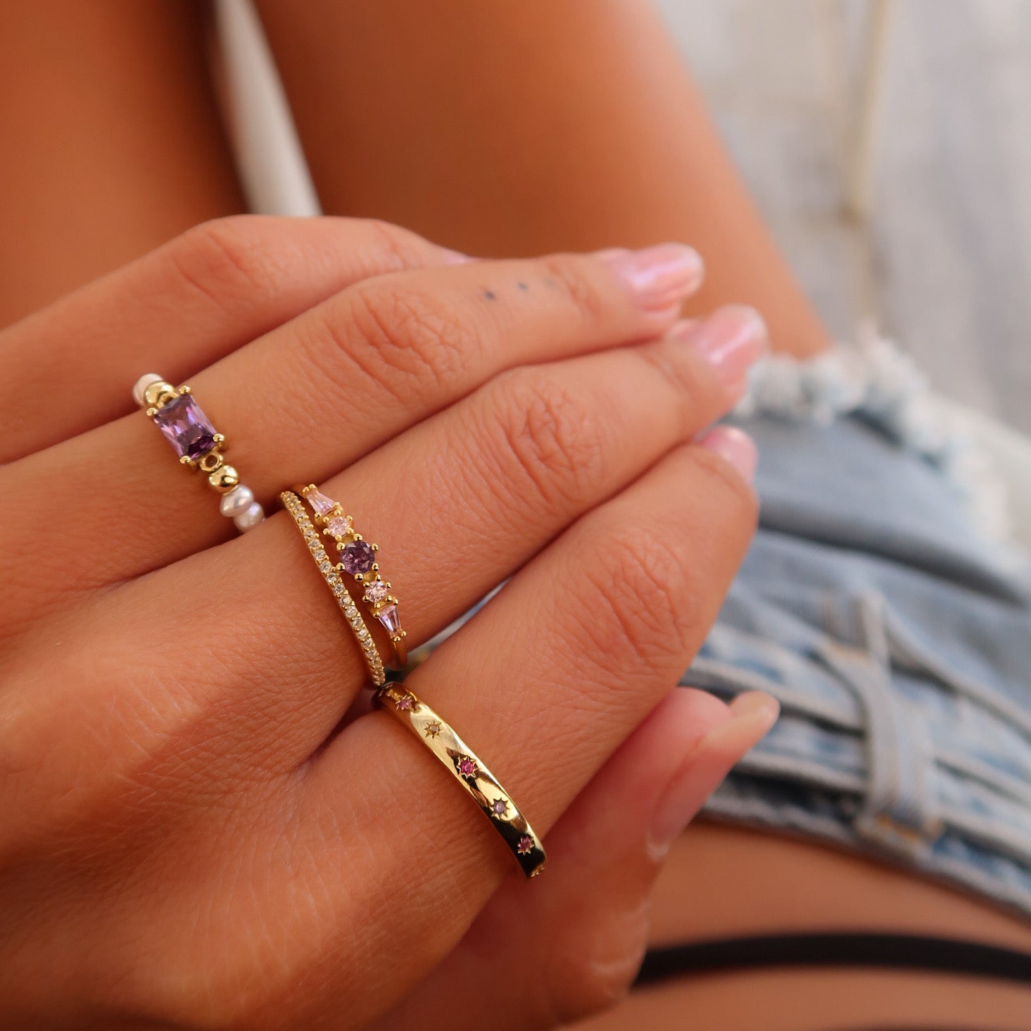 Inel Old Society Purple Stone din argint 925 placat cu aur, cu piatra mov eleganta – Maison La Stephanie