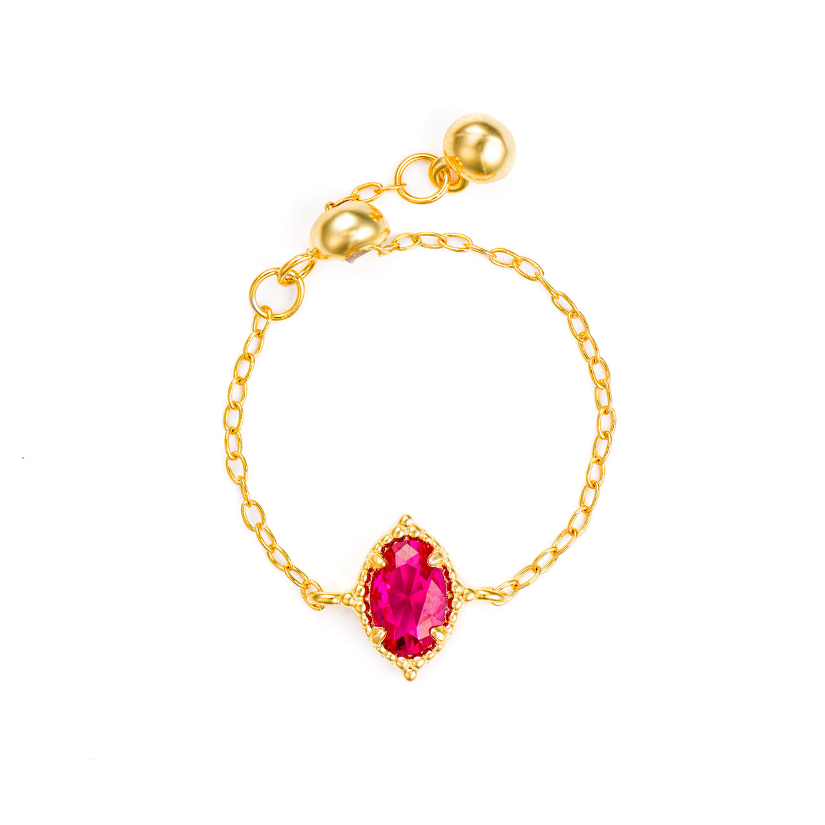 inel ajustabil cu lant arignt placat cu aur si piatra ovala rosie