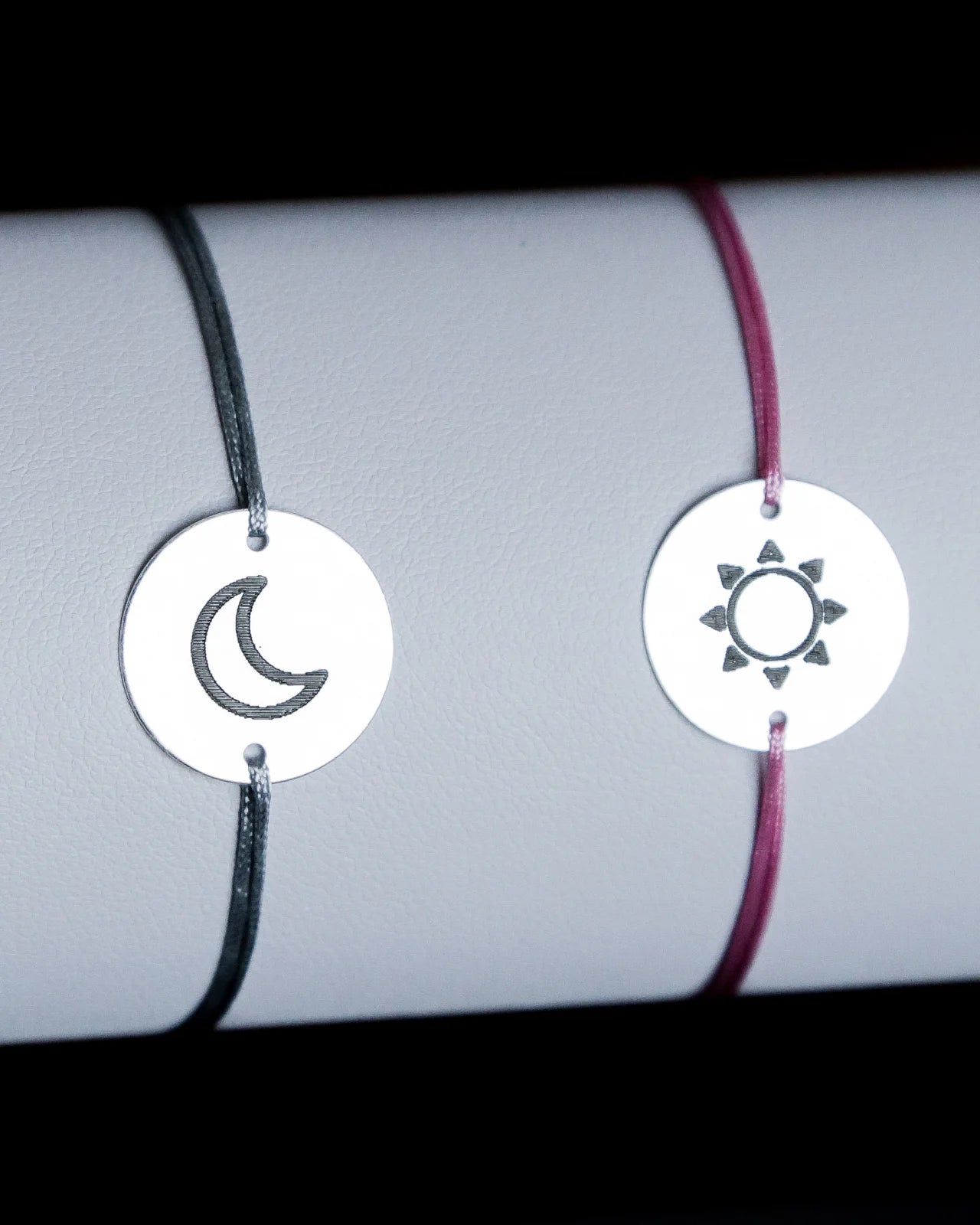 Custom Silver Bracelets - Engraved Personalized Bracelets with round 14 MM pendant and adjustable string, 2pcs/set