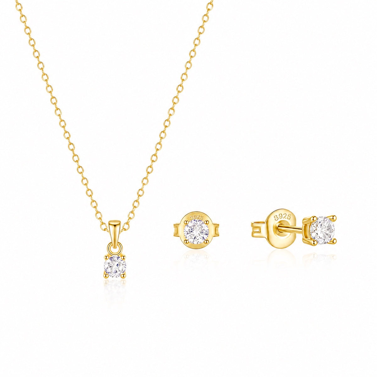 Set din argint 925 placat cu aur, cu colier delicat și cercei cu zirconii strălucitoare. Design elegant și feminin inspirat de fine jewelry.
