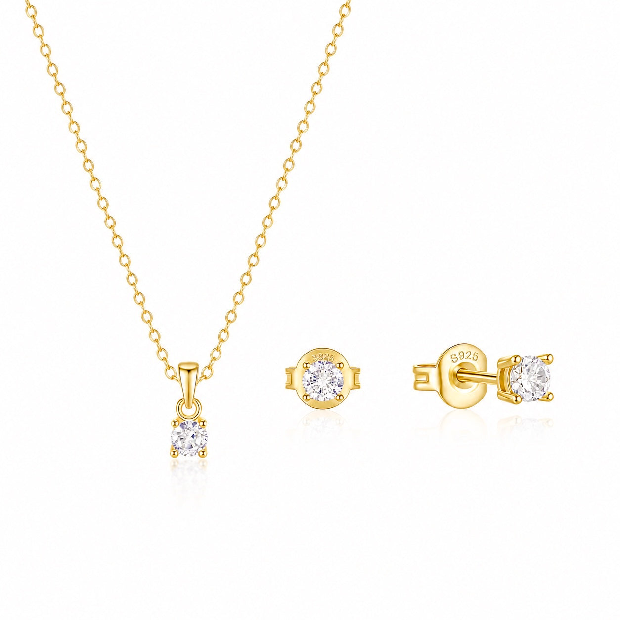 Set din argint 925 placat cu aur, cu colier delicat și cercei cu zirconii strălucitoare. Design elegant și feminin inspirat de fine jewelry.