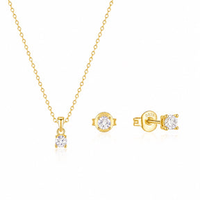 Set din argint 925 placat cu aur, cu colier delicat și cercei cu zirconii strălucitoare. Design elegant și feminin inspirat de fine jewelry.