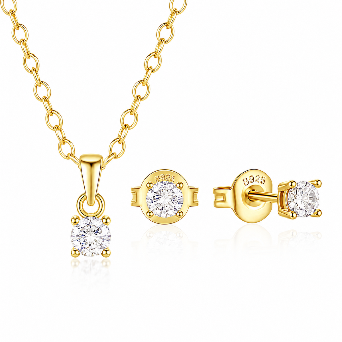 Set din argint 925 placat cu aur, cu colier delicat și cercei cu zirconii strălucitoare. Design elegant și feminin inspirat de fine jewelry.