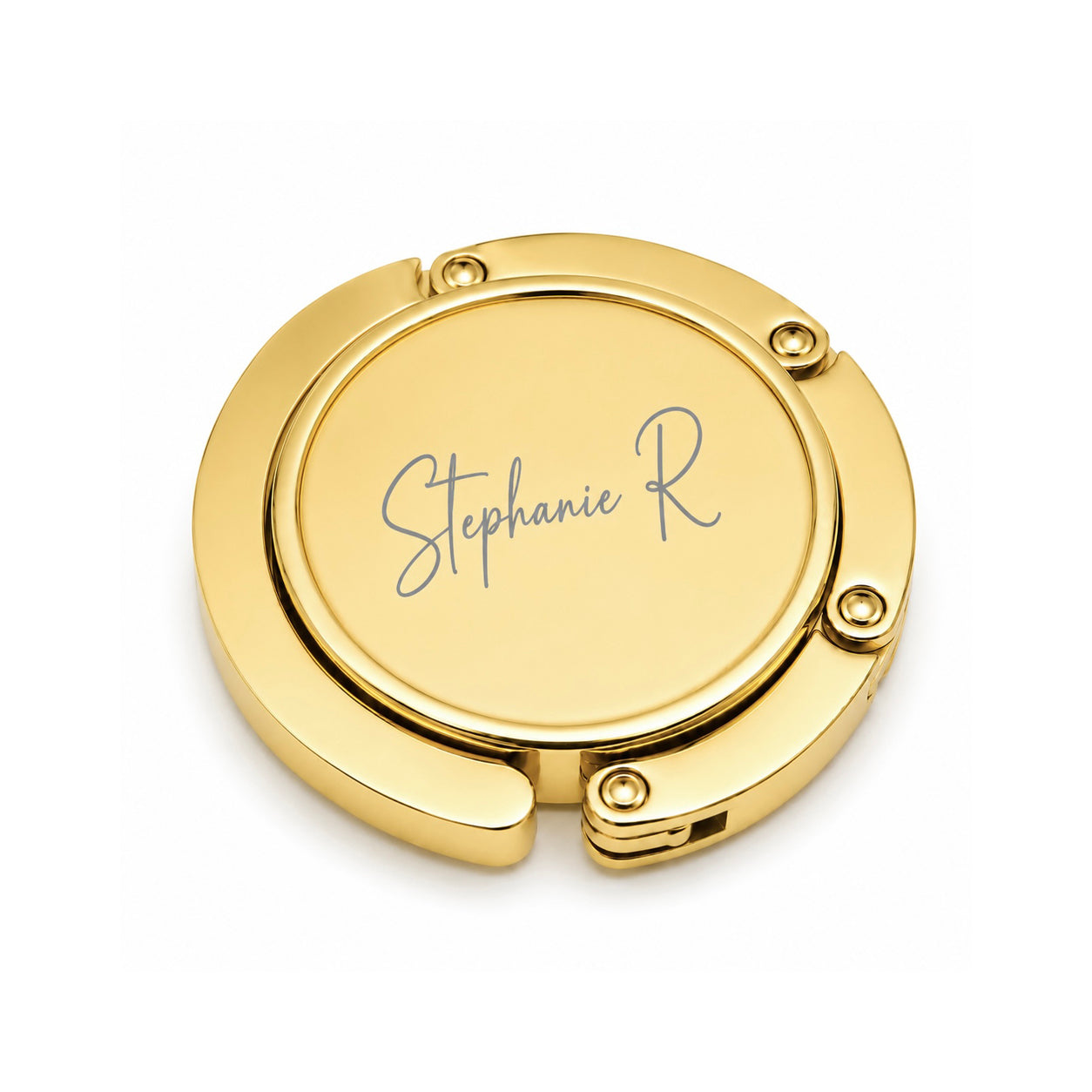Agățătoare personalizată pentru geantă aurie din stainless steel, pliabilă, personalizată cu nume, logo sau design propriu.