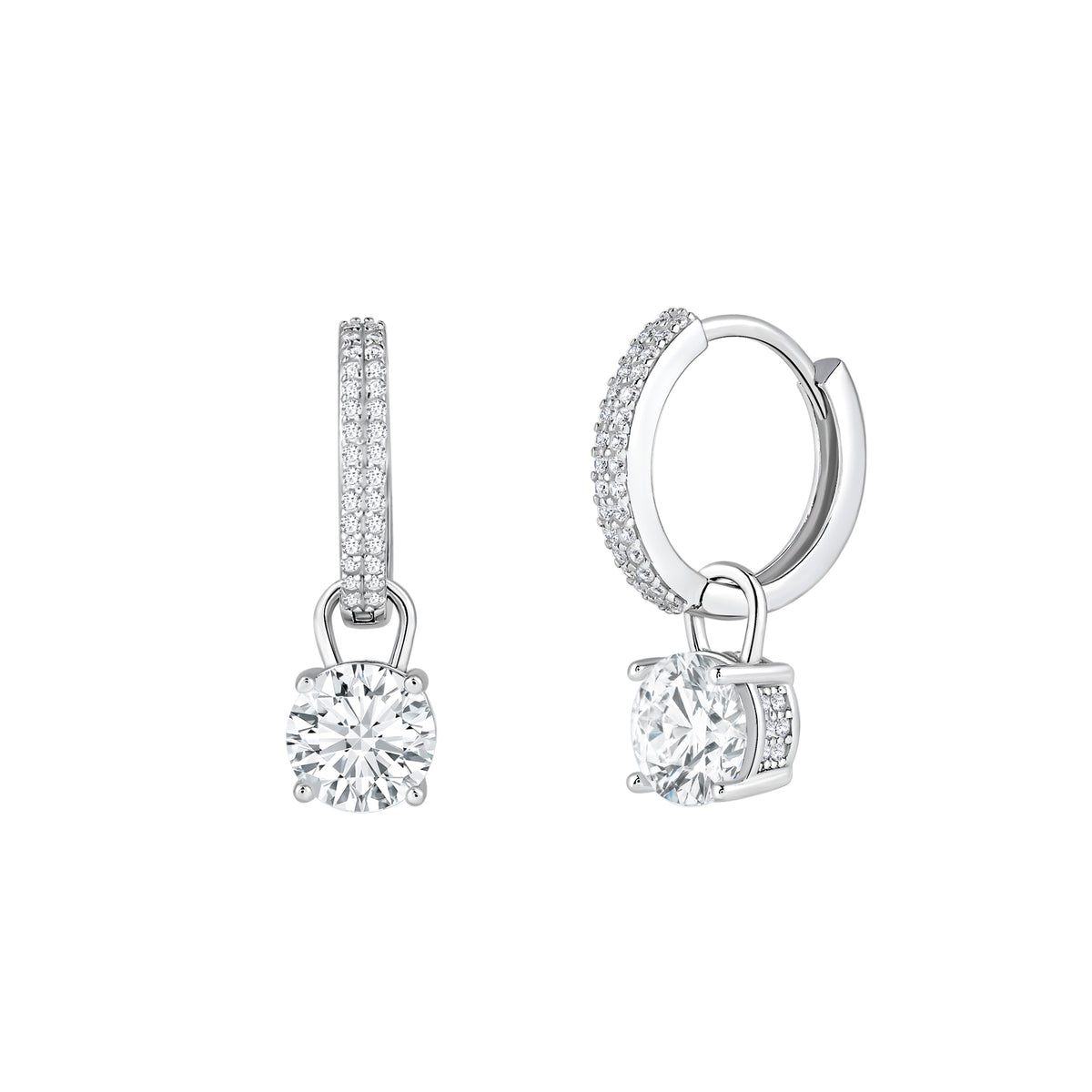 Cercei tip hoop din argint 925 placat cu rodiu, cu moissanit white de 1 ct și design elegant cu pandantiv. Bijuterii moderne și rafinate.