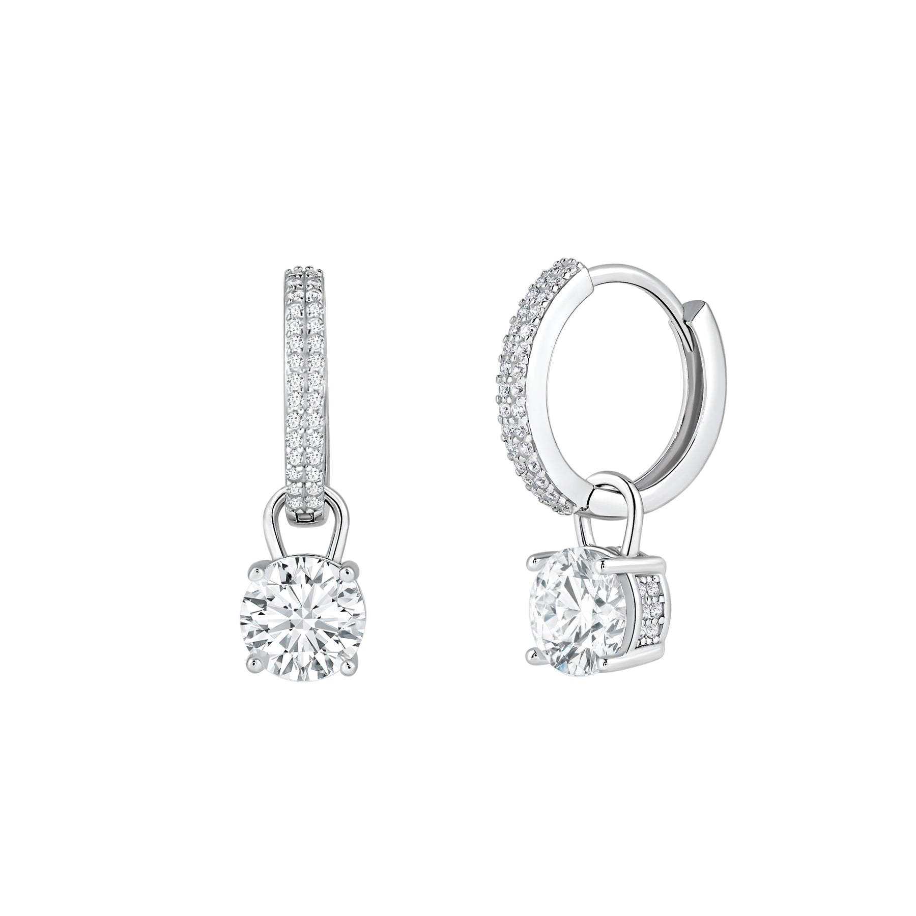 Cercei tip hoop din argint 925 placat cu rodiu, cu moissanit white de 1 ct și design elegant cu pandantiv. Bijuterii moderne și rafinate.