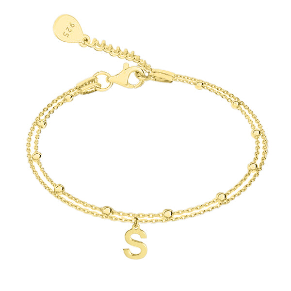 Brățară dublă din argint 925 placat cu aur 18K, cu biluțe și inițială personalizată — bijuterie elegantă Maison La Stéphanie, ideală pentru cadou sau purtare zilnică.