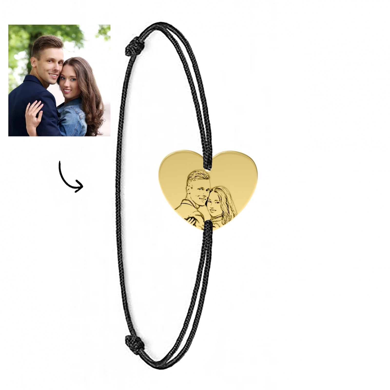 Brățară personalizată cu fotogravură pe inimioară din argint 925 placat cu aur 18K – cadou elegant și emoțional, perfect pentru orice ocazie specială.