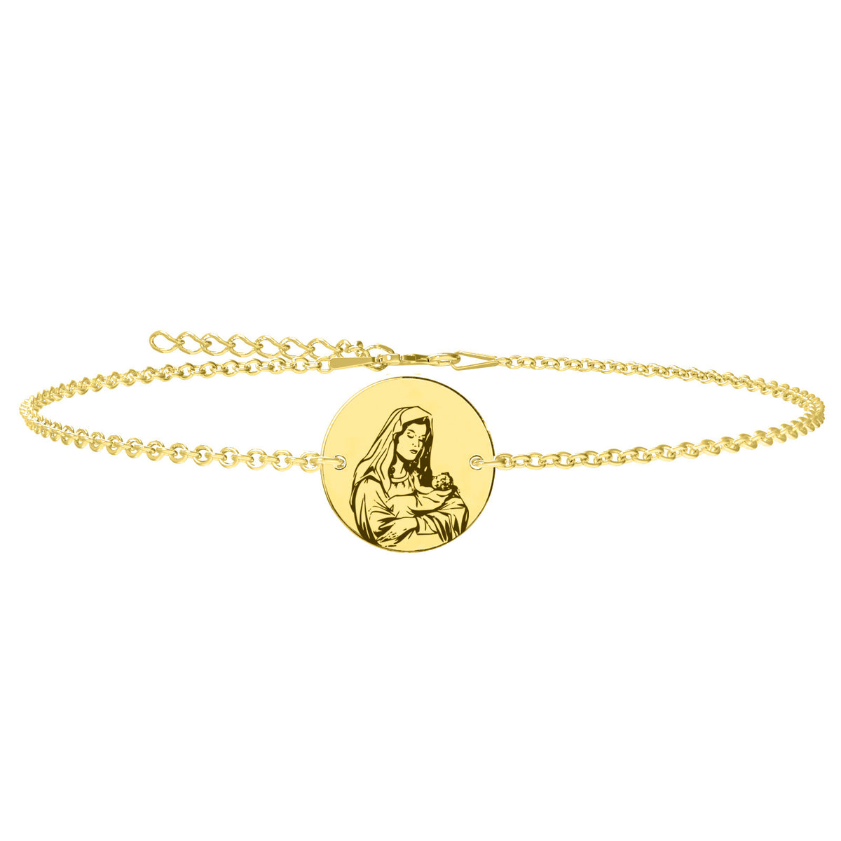 Brățară cu medalion Fecioara Maria din argint 925 placat cu aur 18K – bijuterie elegantă Maison La Stéphanie, simbol al credinței și al protecției divine. Cadou ideal pentru botez, aniversări religioase sau mame.