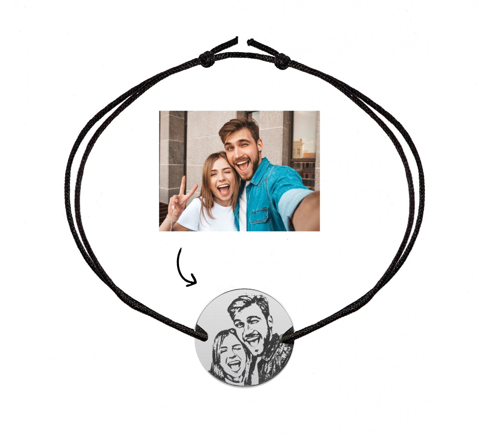 Brățară din argint 925 cu poză gravată. Cadoul ideal pentru iubiti, părinți sau prieteni. Fotogravură detaliată, șnur reglabil din mătase premium.