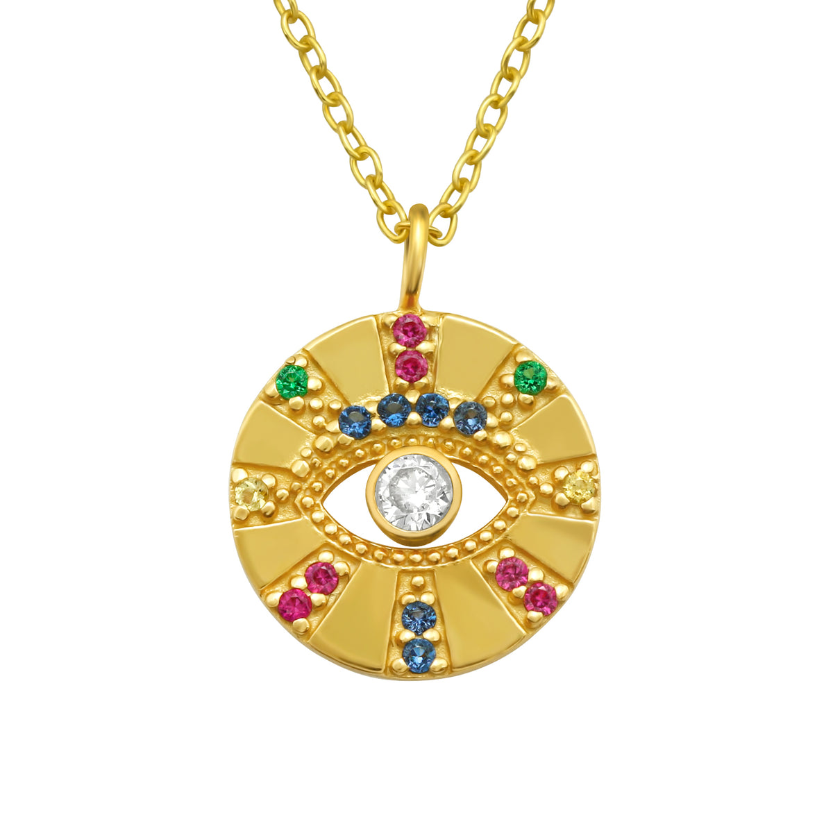 Lănțișor din argint 925 placat cu aur 18K, cu pandantiv Lucky Eye și pietre colorate – bijuterie elegantă Maison La Stéphanie, simbol al protecției și norocului.