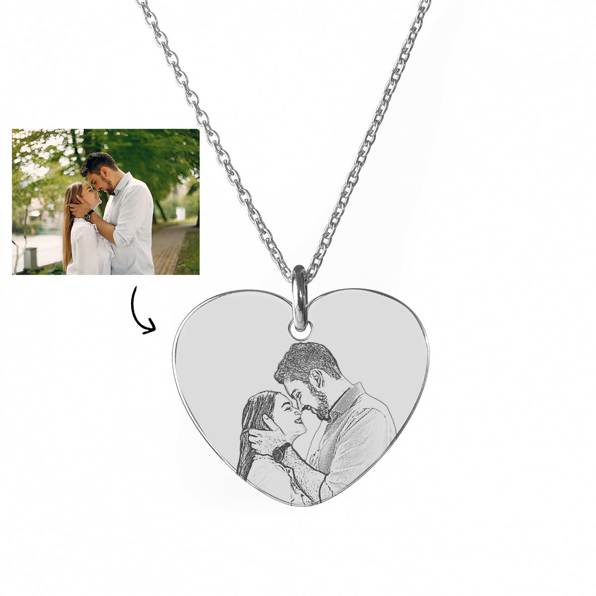 Lănțișor personalizat cu fotogravură în formă de inimioară din argint 925 – bijuterie unică realizată după fotografia ta. Ideal ca dar de Crăciun sau cadou personalizat pentru persoana iubită.