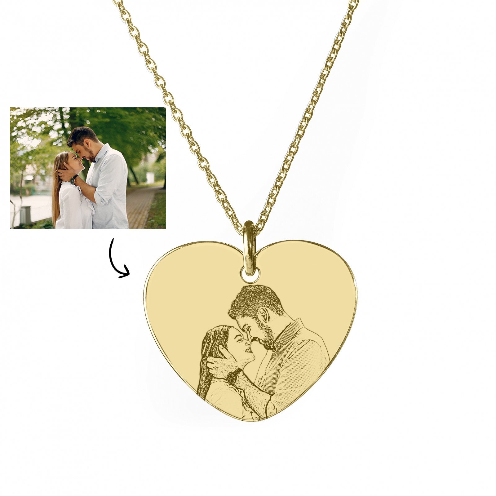 Lănțișor personalizat cu fotogravură în formă de inimioară din argint 925 placat cu aur 18K – cadou elegant pentru aniversare, familie, iubită sau Ziua Îndrăgostiților.