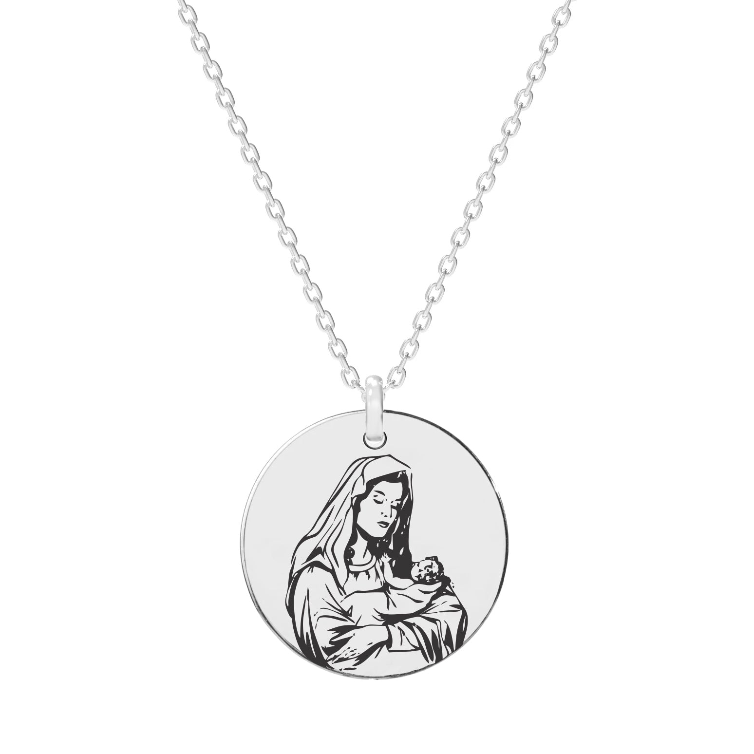 Lănțișor cu medalion Fecioara Maria din argint 925 – bijuterie elegantă Maison La Stéphanie, simbol al protecției și credinței. Cadou de suflet pentru botez, mame sau aniversări religioase.