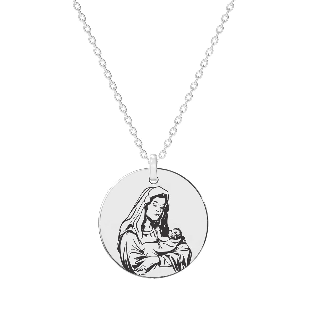 Lănțișor cu medalion Fecioara Maria din argint 925 – bijuterie elegantă Maison La Stéphanie, simbol al protecției și credinței. Cadou de suflet pentru botez, mame sau aniversări religioase.