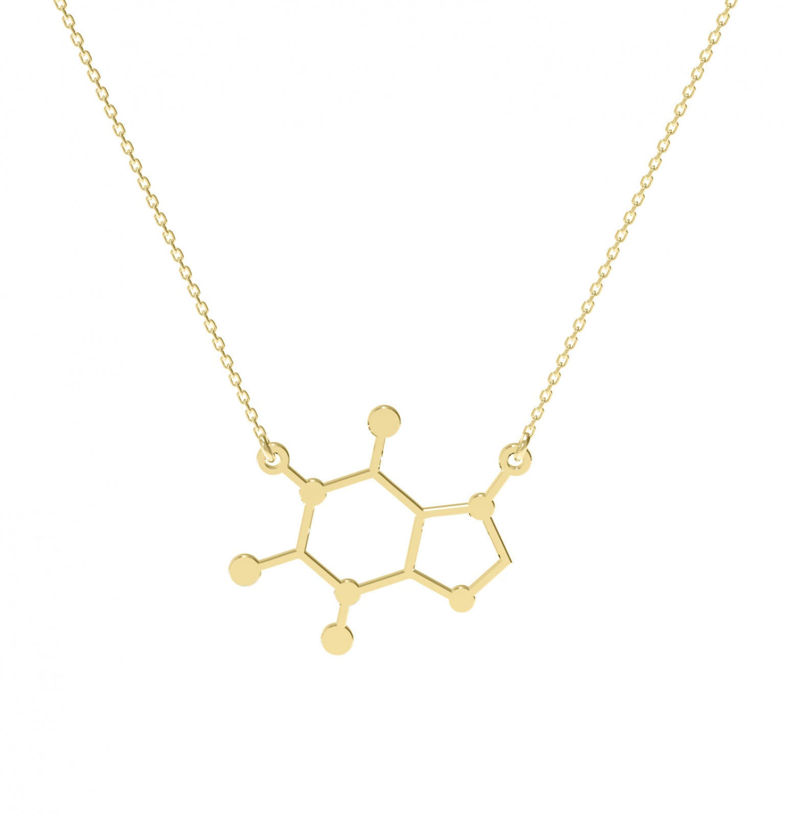 Lănțișor elegant cu pandantiv Molecula Cafeină din argint 925 placat cu aur 18K – bijuterie modernă Maison La Stéphanie, perfectă pentru femeile care iubesc cafeaua, energia și rafinamentul. Cadoul ideal pentru iubită, prietenă sau colegă.