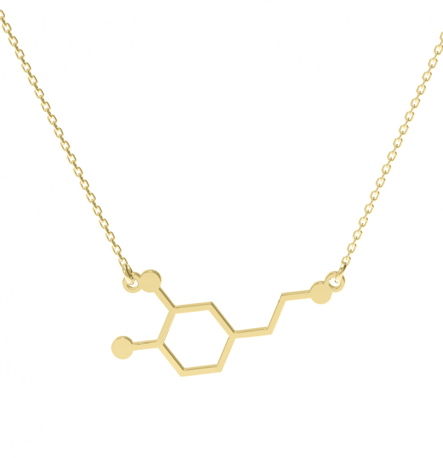Lănțișor elegant cu pandantiv Molecula Dopamină din argint 925 placat cu aur 18K – simbol al fericirii, pasiunii și energiei pozitive. Cadou ideal pentru femei moderne, creatoare de frumos. Bijuterie Maison La Stéphanie, delicată și rafinată.
