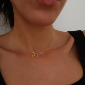 Lănțișor elegant cu pandantiv Molecula Dopamină din argint 925 placat cu aur 18K – simbol al fericirii, pasiunii și energiei pozitive. Cadou ideal pentru femei moderne, creatoare de frumos. Bijuterie Maison La Stéphanie, delicată și rafinată.
